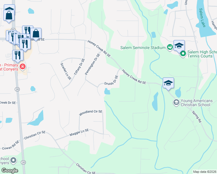 map of restaurants, bars, coffee shops, grocery stores, and more near 3690 Druids Drive Southeast in Conyers