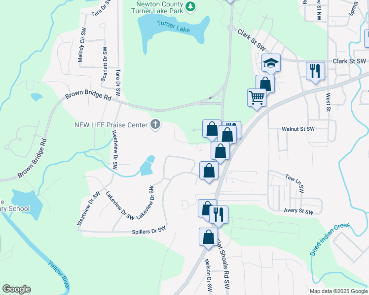 map of restaurants, bars, coffee shops, grocery stores, and more near 7129 Turner Lake Circle Southwest in Covington