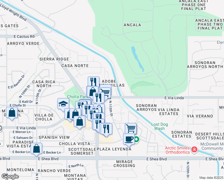 map of restaurants, bars, coffee shops, grocery stores, and more near 11415 North 114th Street in Scottsdale