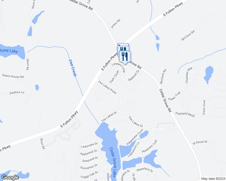 map of restaurants, bars, coffee shops, grocery stores, and more near 7828 The Lakes Point in Fairburn