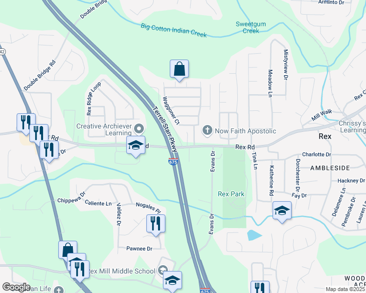 map of restaurants, bars, coffee shops, grocery stores, and more near 3340 Rex Road in Rex
