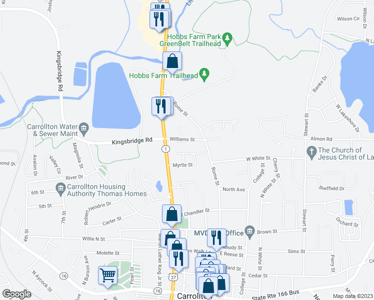 map of restaurants, bars, coffee shops, grocery stores, and more near 209 Pennsylvania Avenue in Carrollton