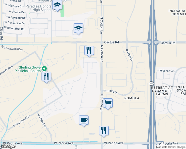 map of restaurants, bars, coffee shops, grocery stores, and more near 17158 West Thousand Oaks Street in Surprise