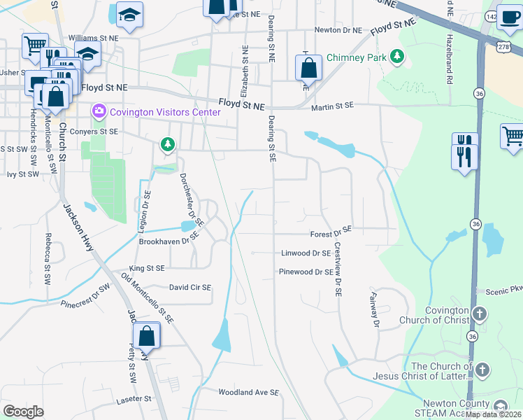 map of restaurants, bars, coffee shops, grocery stores, and more near 5226 Dearing Street Southeast in Covington