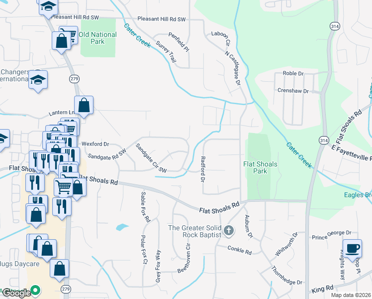 map of restaurants, bars, coffee shops, grocery stores, and more near 2120 Sandgate Circle Southwest in Atlanta