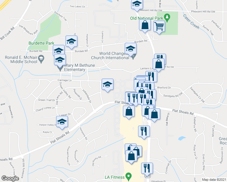 map of restaurants, bars, coffee shops, grocery stores, and more near 2555 Flat Shoals Road in Atlanta