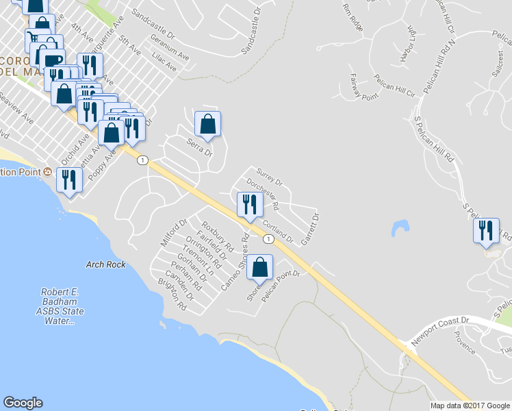 map of restaurants, bars, coffee shops, grocery stores, and more near 4615 Wayne Road in Newport Beach