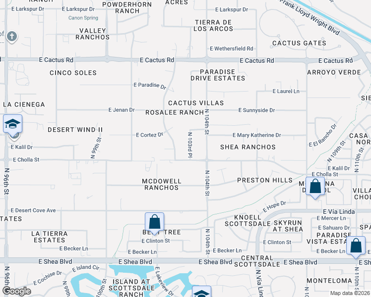 map of restaurants, bars, coffee shops, grocery stores, and more near 11545 North 103rd Place in Scottsdale