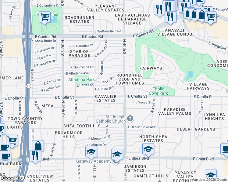 map of restaurants, bars, coffee shops, grocery stores, and more near 11430 North 39th Place in Phoenix