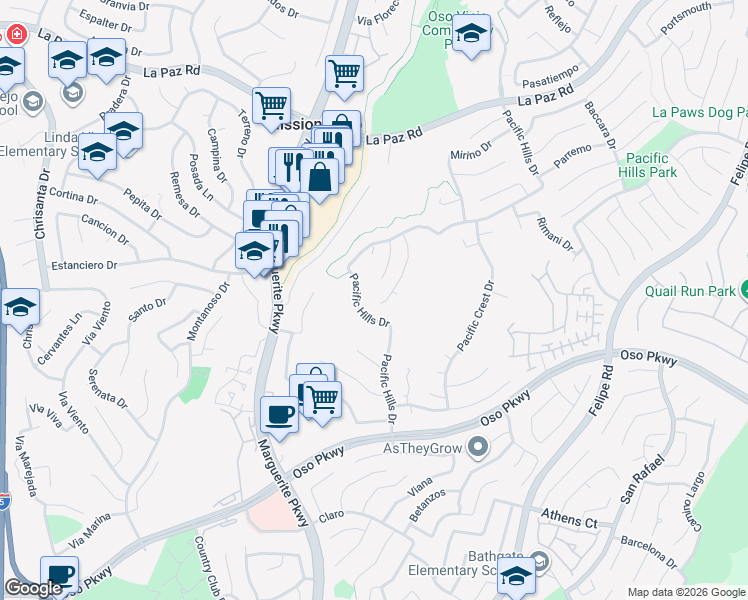 map of restaurants, bars, coffee shops, grocery stores, and more near 25601 Chimera Drive in Mission Viejo