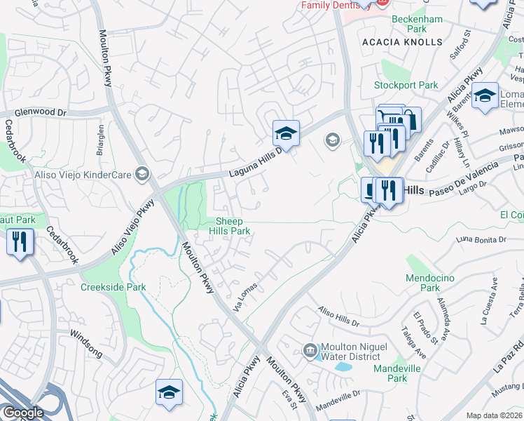 map of restaurants, bars, coffee shops, grocery stores, and more near 59 Carriage Hill Lane in Laguna Hills