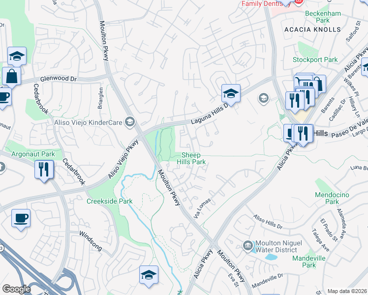 map of restaurants, bars, coffee shops, grocery stores, and more near 25551 Indian Hill Lane in Laguna Hills