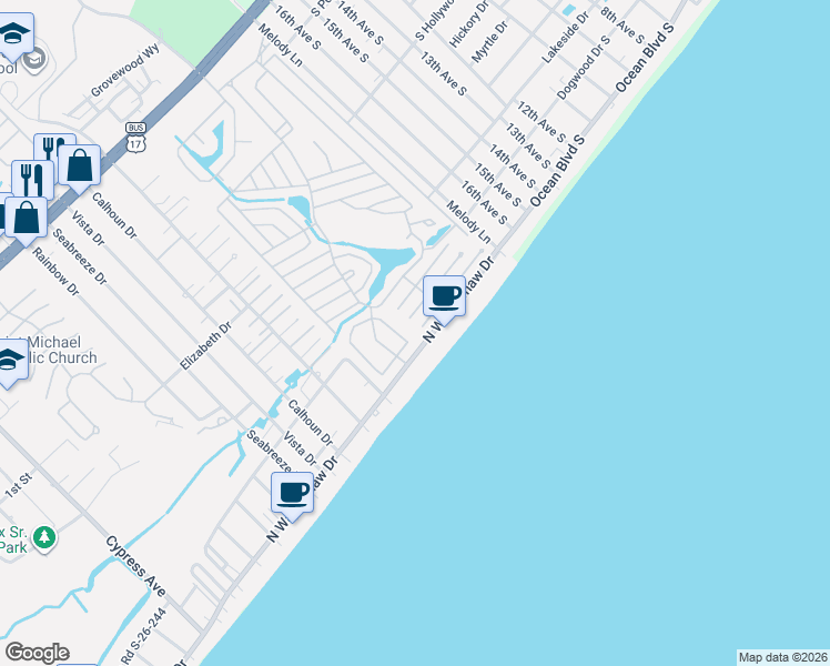 map of restaurants, bars, coffee shops, grocery stores, and more near 1842 Kingfisher in Surfside Beach