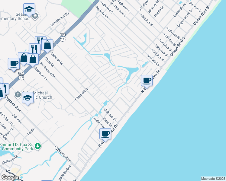 map of restaurants, bars, coffee shops, grocery stores, and more near 1666 White Ibis Court in Murrells Inlet