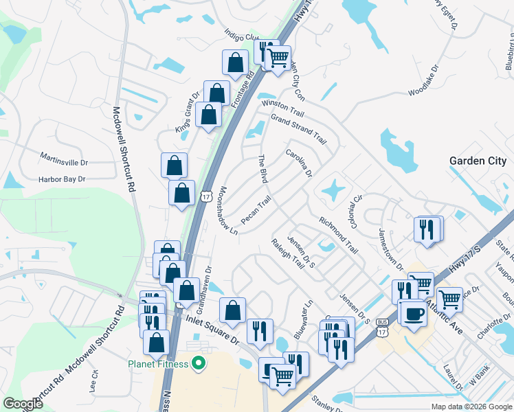 map of restaurants, bars, coffee shops, grocery stores, and more near 3343 Charleston Trail in Murrells Inlet