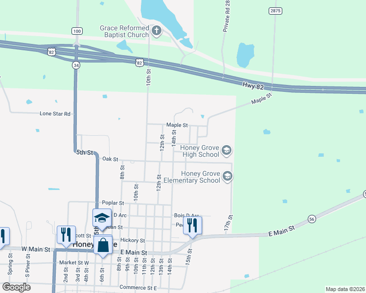 map of restaurants, bars, coffee shops, grocery stores, and more near 1003 Walnut Street in Honey Grove