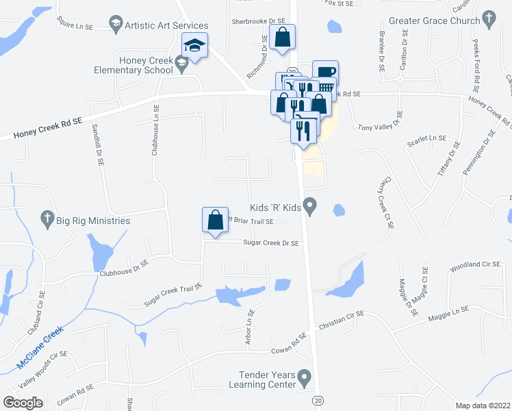 map of restaurants, bars, coffee shops, grocery stores, and more near 3728 Sugar Creek Lane Southeast in Conyers