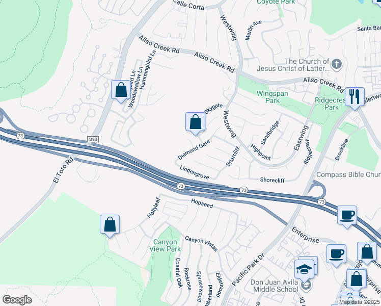 map of restaurants, bars, coffee shops, grocery stores, and more near 36 Diamond Gate in Aliso Viejo