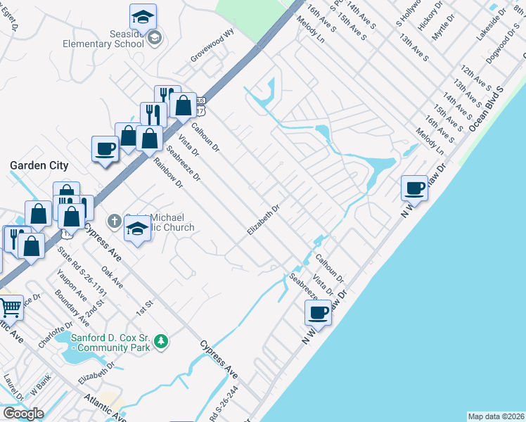 map of restaurants, bars, coffee shops, grocery stores, and more near 408 Calhoun Drive in Murrells Inlet
