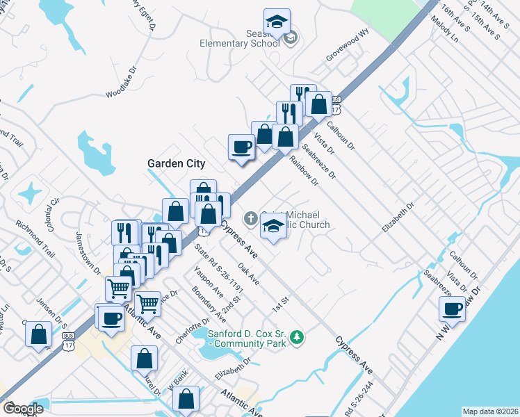 map of restaurants, bars, coffee shops, grocery stores, and more near 821 Main Sail Court in Murrells Inlet
