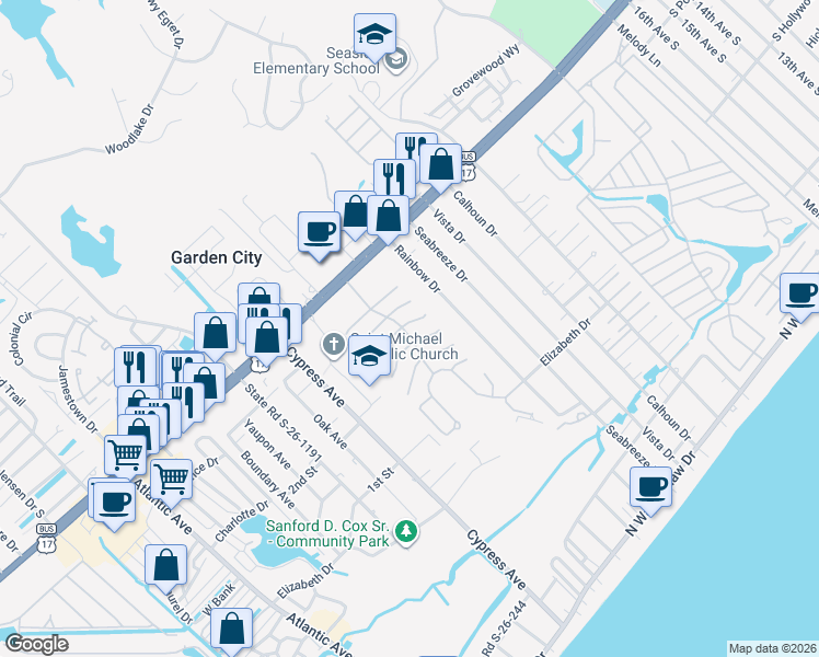 map of restaurants, bars, coffee shops, grocery stores, and more near 929 Wind Sail Court in Murrells Inlet