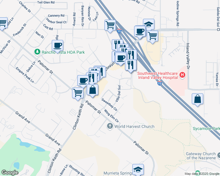 map of restaurants, bars, coffee shops, grocery stores, and more near 36489 Villa Del Sol in Wildomar