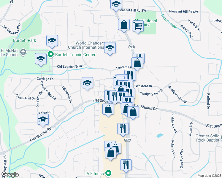 map of restaurants, bars, coffee shops, grocery stores, and more near 2555 Flat Shoals Road in College Park