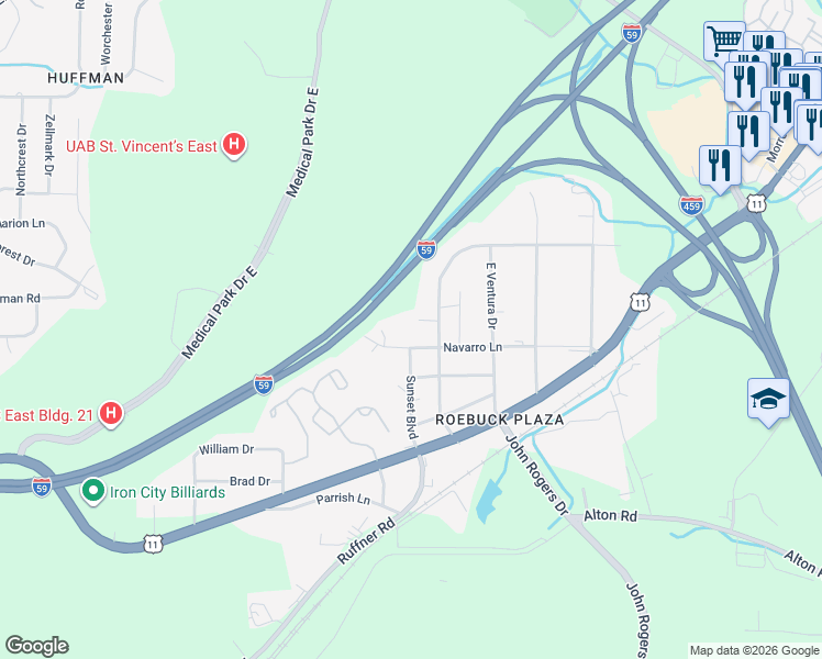 map of restaurants, bars, coffee shops, grocery stores, and more near 416 Navarro Lane in Birmingham