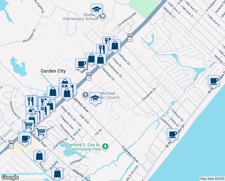 map of restaurants, bars, coffee shops, grocery stores, and more near 929 Wind Sail Court in Murrells Inlet