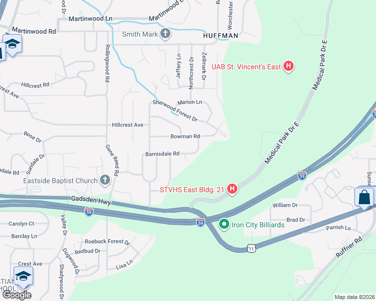 map of restaurants, bars, coffee shops, grocery stores, and more near 912 Barnisdale Road in Birmingham