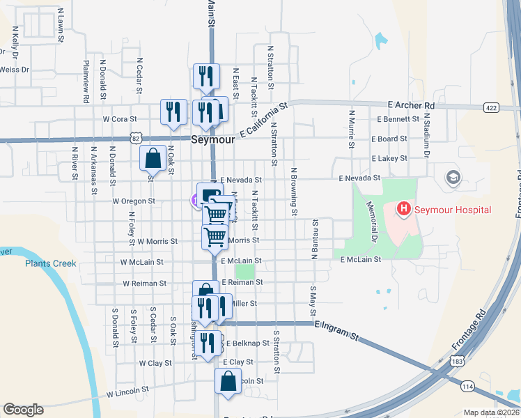 map of restaurants, bars, coffee shops, grocery stores, and more near 311 North Tackitt Street in Seymour