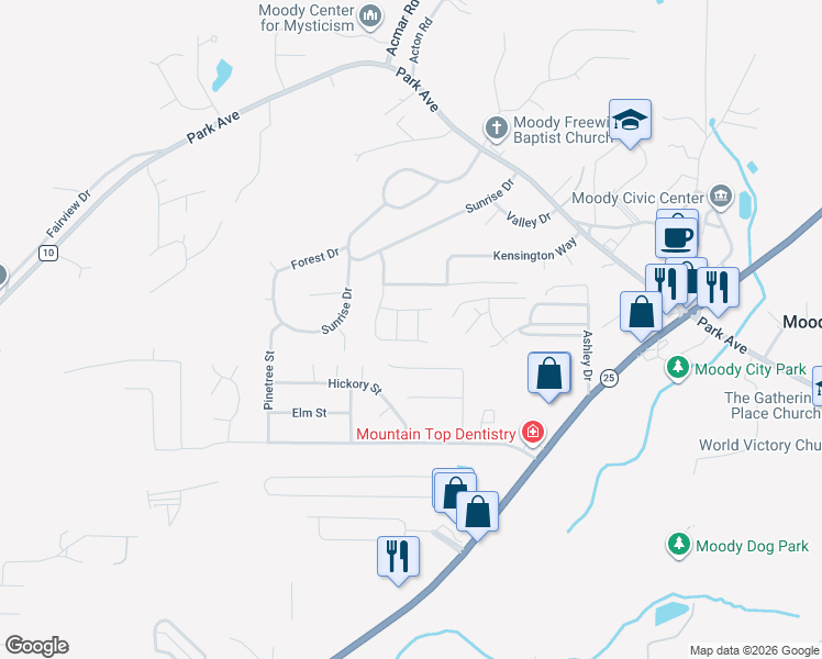 map of restaurants, bars, coffee shops, grocery stores, and more near 2318 Crowns Lane in Moody