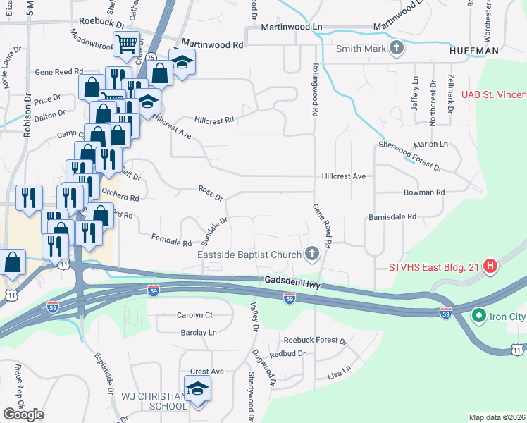 map of restaurants, bars, coffee shops, grocery stores, and more near 919 Rose Drive in Birmingham