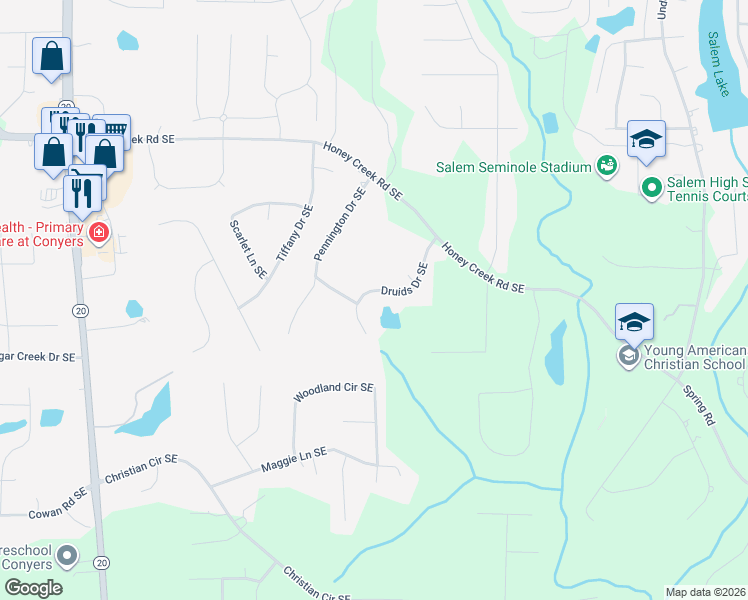 map of restaurants, bars, coffee shops, grocery stores, and more near 3690 Druids Drive Southeast in Conyers