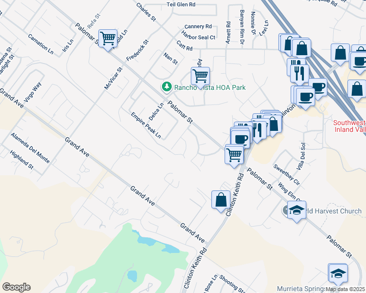 map of restaurants, bars, coffee shops, grocery stores, and more near 32487 Meadow Glen Court in Wildomar