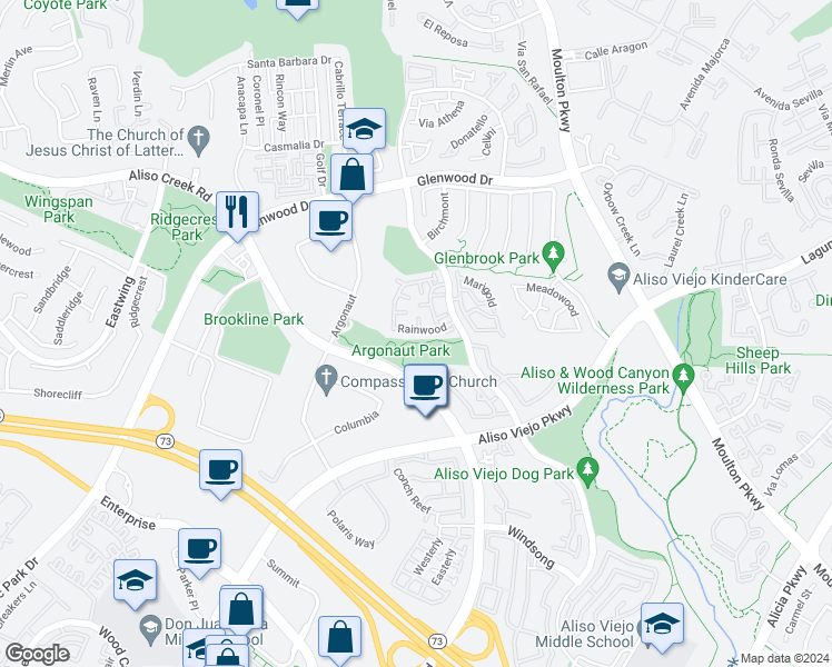 map of restaurants, bars, coffee shops, grocery stores, and more near 26 Rainwood in Aliso Viejo