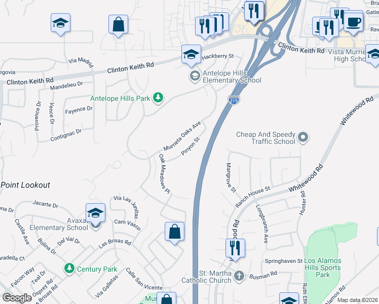 map of restaurants, bars, coffee shops, grocery stores, and more near 27452 Pinyon Street in Murrieta