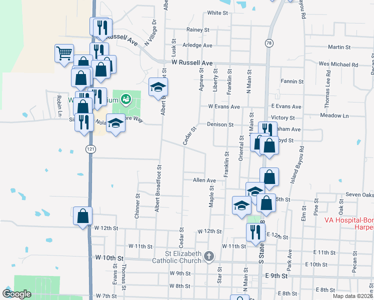 map of restaurants, bars, coffee shops, grocery stores, and more near 505 Lee Street in Bonham