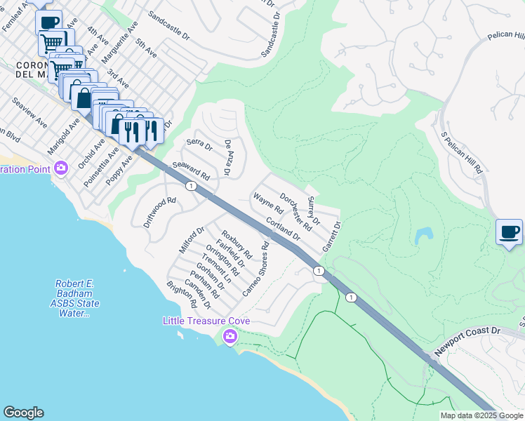 map of restaurants, bars, coffee shops, grocery stores, and more near 4600 Cortland Drive in Newport Beach