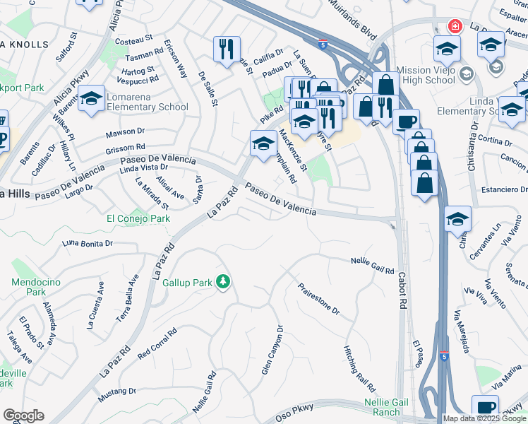 map of restaurants, bars, coffee shops, grocery stores, and more near 26 Vista Firenze in Laguna Hills