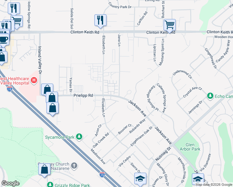 map of restaurants, bars, coffee shops, grocery stores, and more near 24947 Vermijo Court in Wildomar