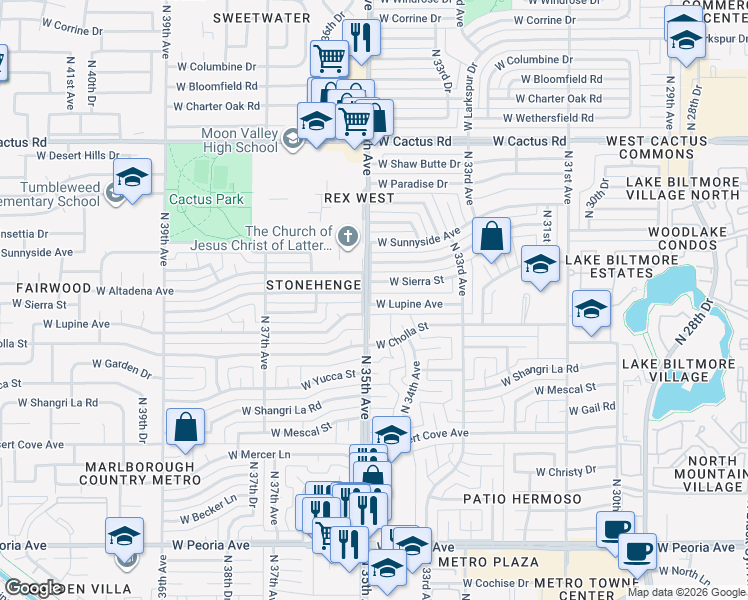 map of restaurants, bars, coffee shops, grocery stores, and more near 3443 West Sierra Street in Phoenix
