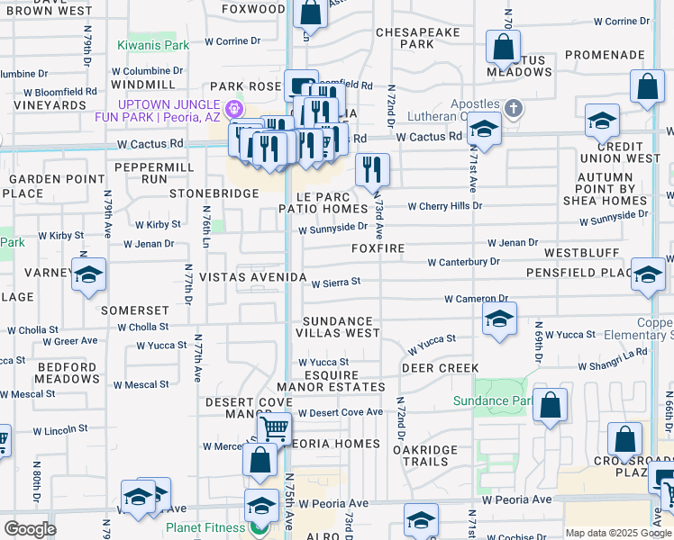 map of restaurants, bars, coffee shops, grocery stores, and more near 7349 West Canterbury Drive in Peoria