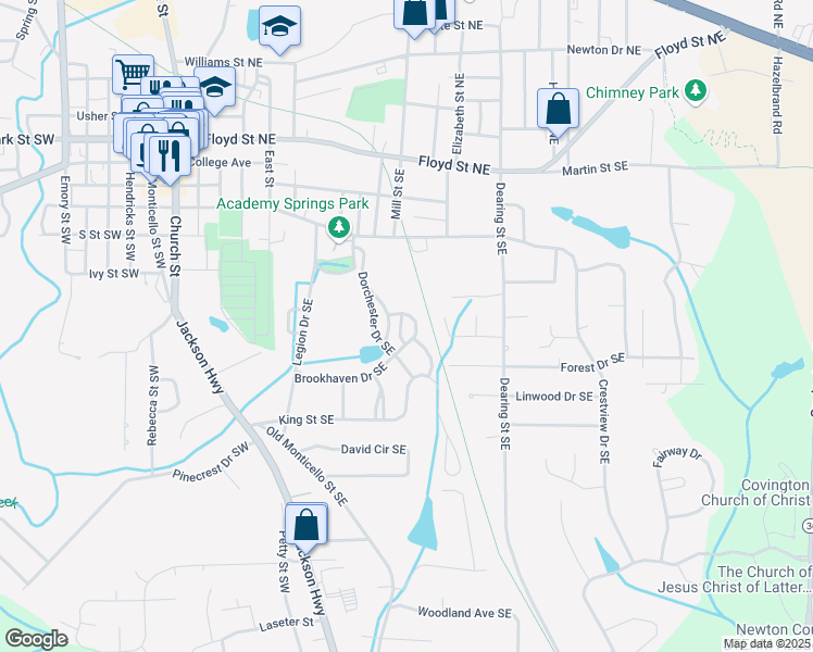 map of restaurants, bars, coffee shops, grocery stores, and more near 4307 Brookhaven Drive Southeast in Covington