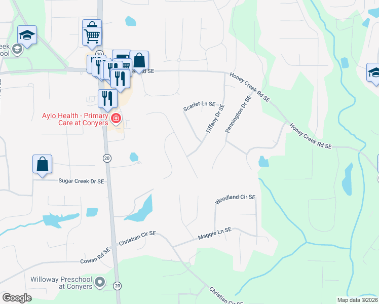 map of restaurants, bars, coffee shops, grocery stores, and more near 3648 Cherry Creek Drive Southeast in Conyers