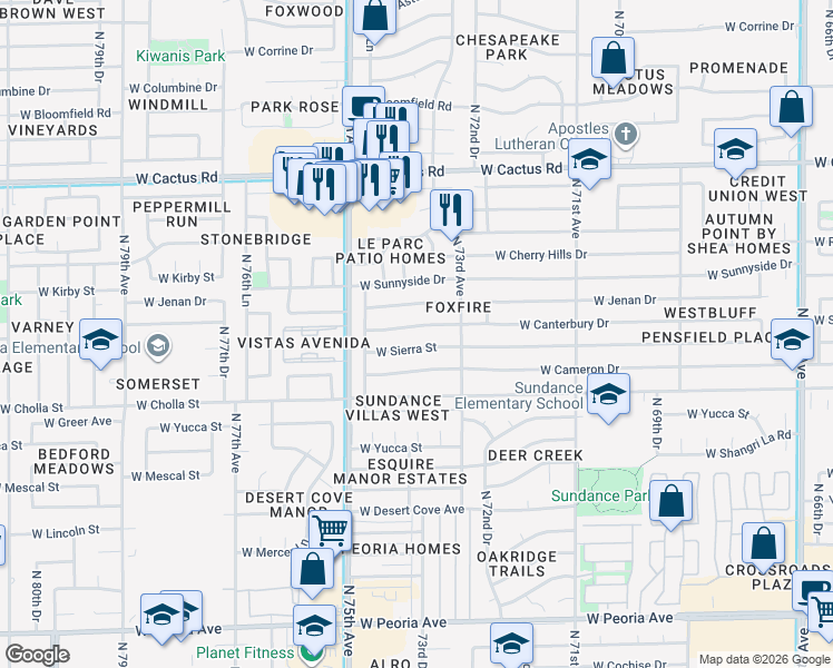 map of restaurants, bars, coffee shops, grocery stores, and more near 7349 West Canterbury Drive in Peoria