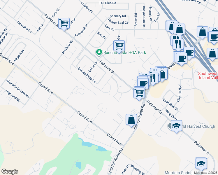 map of restaurants, bars, coffee shops, grocery stores, and more near 32487 Meadow Glen Court in Wildomar