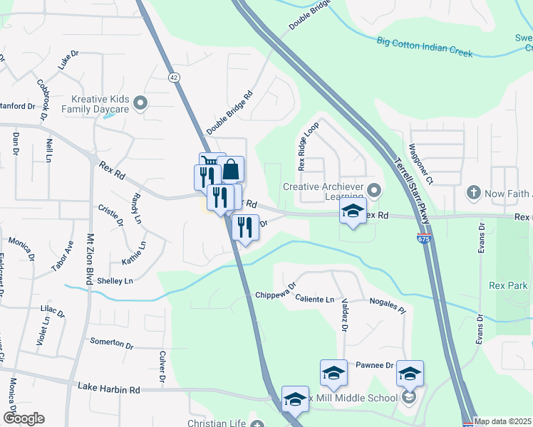 map of restaurants, bars, coffee shops, grocery stores, and more near 3017 Rex Road in Rex