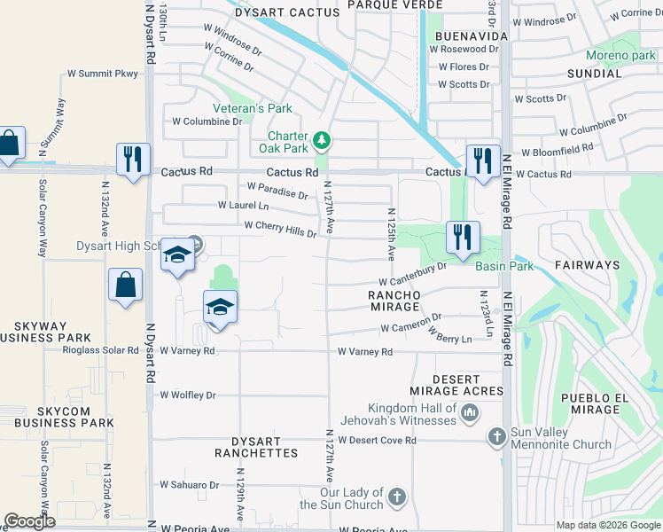 map of restaurants, bars, coffee shops, grocery stores, and more near 12701 West Sunnyside Drive in El Mirage