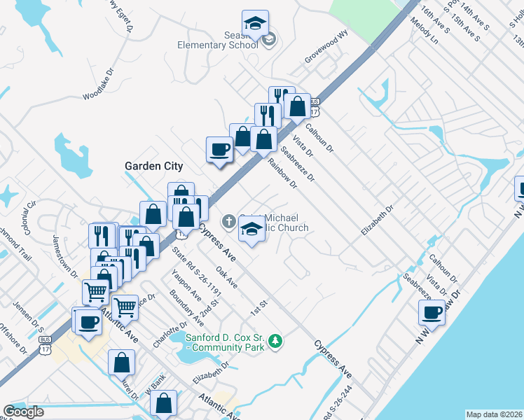 map of restaurants, bars, coffee shops, grocery stores, and more near 842 Marlin Court in Murrells Inlet
